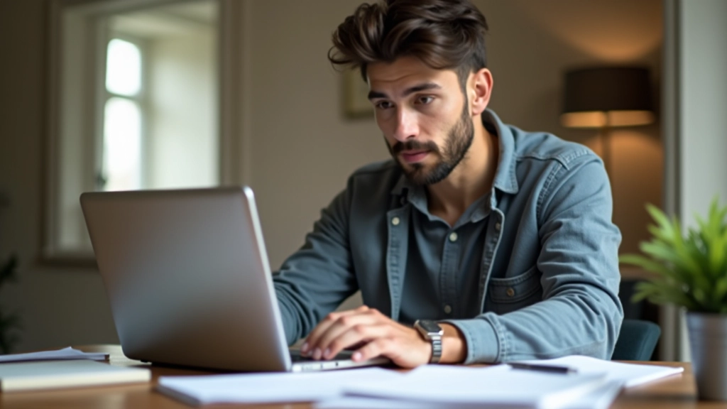 Grundlægger arbejder ved skrivebord med åben computer og økonomiske dokumenter rundt omkring